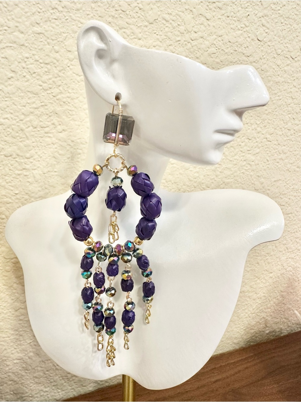 Handmade Statement Purple Beaded Chandelier Earrings